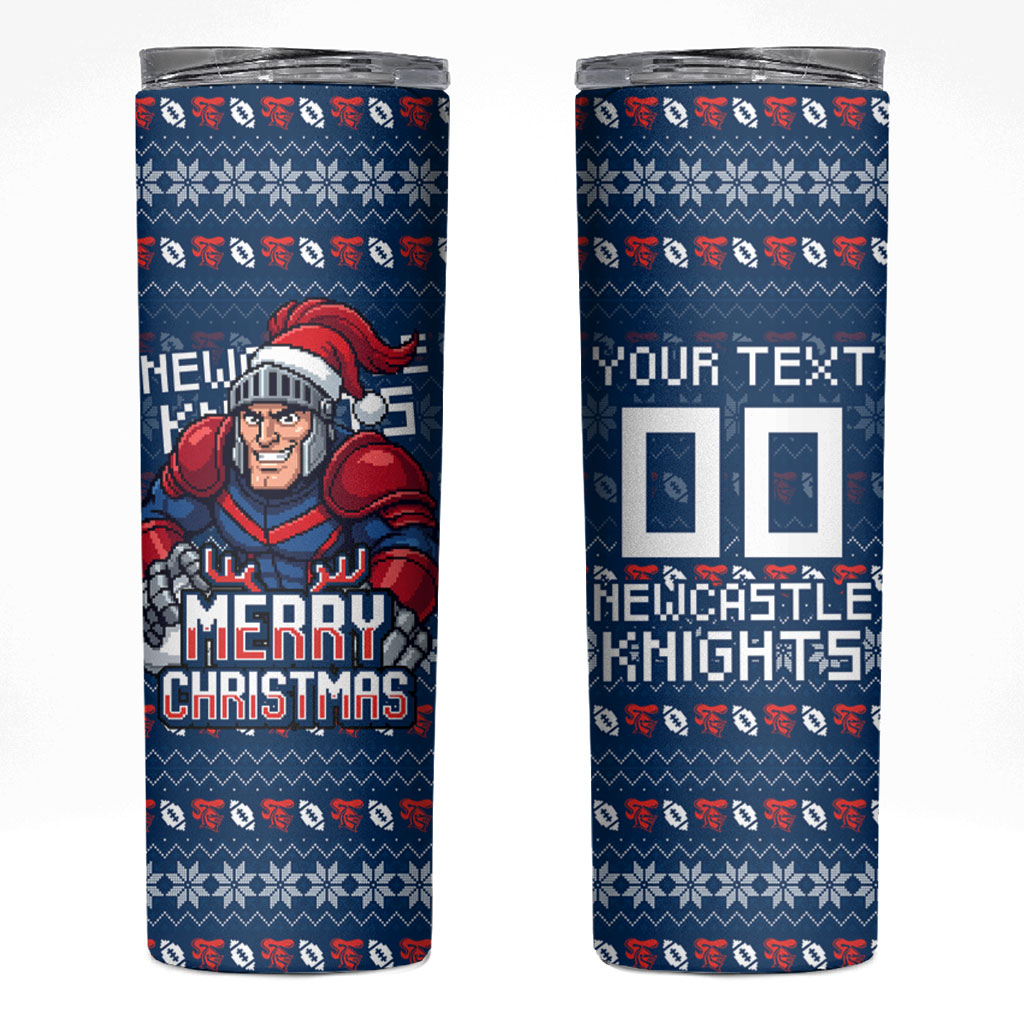 Personalized Newcastle Knights Christmas Skinny Tumbler Australian Rugby Fans - Pixelated Ugly Xmas Pattern Mascot Santa
