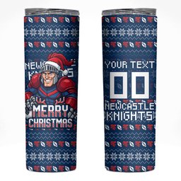 Personalized Newcastle Knights Christmas Skinny Tumbler Australian Rugby Fans - Pixelated Ugly Xmas Pattern Mascot Santa