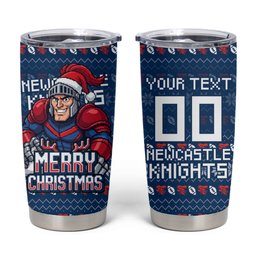 Personalized Newcastle Knights Christmas Tumbler Cup Australian Rugby Fans - Pixelated Ugly Xmas Pattern Mascot Santa