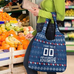 Personalized Newcastle Knights Christmas Grocery Bag Australian Rugby Fans - Pixelated Ugly Xmas Pattern Mascot Santa