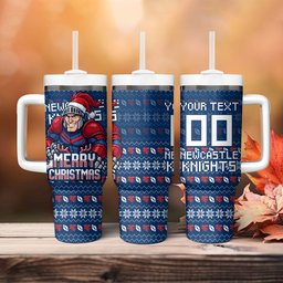 Personalized Newcastle Knights Christmas Tumbler With Handle Australian Rugby Fans - Pixelated Ugly Xmas Pattern Mascot Santa