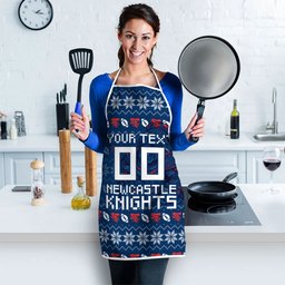 Personalized Newcastle Knights Christmas Apron Australian Rugby Fans - Pixelated Ugly Xmas Pattern Mascot Santa