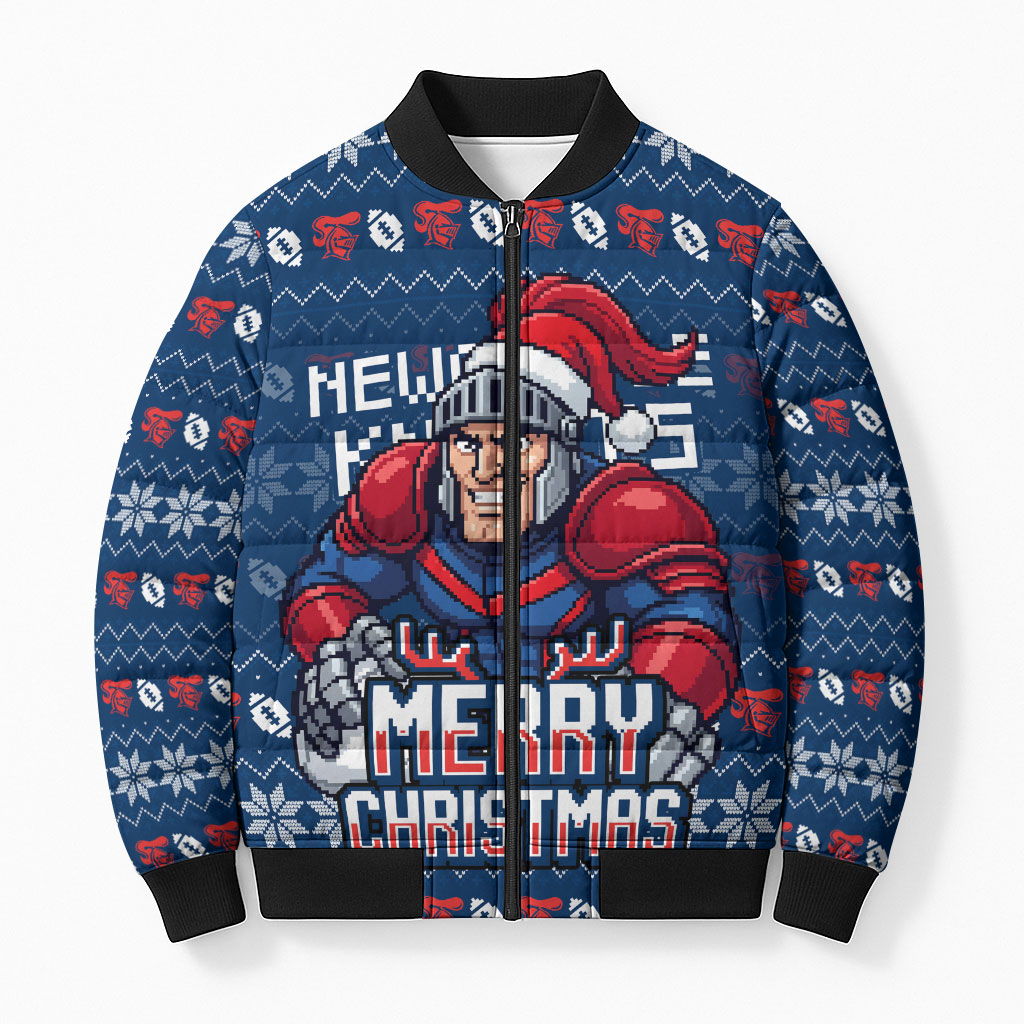 Personalized Newcastle Knights Christmas Bomber Puffer Jacket Australian Rugby Fans - Pixelated Ugly Xmas Pattern Mascot Santa