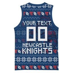 Personalized Newcastle Knights Christmas Basketball Jersey Australian Rugby Fans - Pixelated Ugly Xmas Pattern Mascot Santa