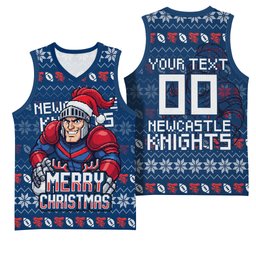 Personalized Newcastle Knights Christmas Basketball Jersey Australian Rugby Fans - Pixelated Ugly Xmas Pattern Mascot Santa