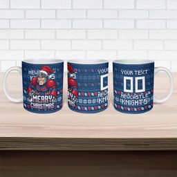 Personalized Newcastle Knights Christmas Ceramic Mug Australian Rugby Fans - Pixelated Ugly Xmas Pattern Mascot Santa