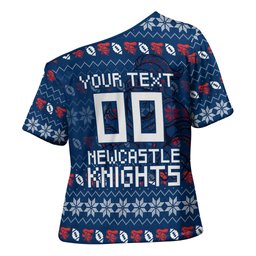 Personalized Newcastle Knights Christmas Cross Shoulder Shirt Australian Rugby Fans - Pixelated Ugly Xmas Pattern Mascot Santa