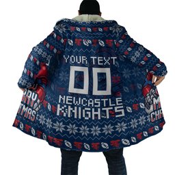Personalized Newcastle Knights Christmas Cloak Australian Rugby Fans - Pixelated Ugly Xmas Pattern Mascot Santa