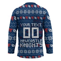 Personalized Newcastle Knights Christmas Hockey Jersey Australian Rugby Fans - Pixelated Ugly Xmas Pattern Mascot Santa