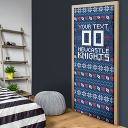 Personalized Newcastle Knights Christmas Door Cover Australian Rugby Fans - Pixelated Ugly Xmas Pattern Mascot Santa