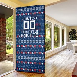 Personalized Newcastle Knights Christmas Door Cover Australian Rugby Fans - Pixelated Ugly Xmas Pattern Mascot Santa