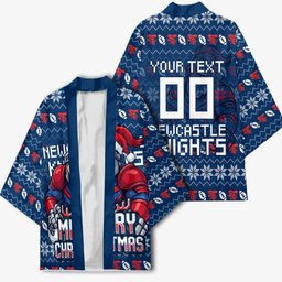 Personalized Newcastle Knights Christmas Kimono Australian Rugby Fans - Pixelated Ugly Xmas Pattern Mascot Santa