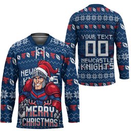Personalized Newcastle Knights Christmas Hockey Jersey Australian Rugby Fans - Pixelated Ugly Xmas Pattern Mascot Santa