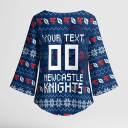 Personalized Newcastle Knights Christmas Kimono Sleeve Blouse Australian Rugby Fans - Pixelated Ugly Xmas Pattern Mascot Santa