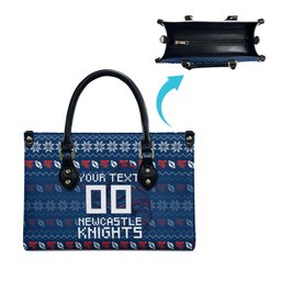 Personalized Newcastle Knights Christmas Leather Bag Australian Rugby Fans - Pixelated Ugly Xmas Pattern Mascot Santa
