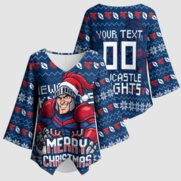 Personalized Newcastle Knights Christmas Kimono Sleeve Blouse Australian Rugby Fans - Pixelated Ugly Xmas Pattern Mascot Santa