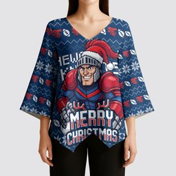 Personalized Newcastle Knights Christmas Kimono Sleeve Blouse Australian Rugby Fans - Pixelated Ugly Xmas Pattern Mascot Santa