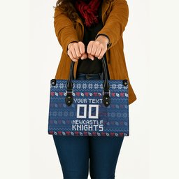 Personalized Newcastle Knights Christmas Leather Bag Australian Rugby Fans - Pixelated Ugly Xmas Pattern Mascot Santa