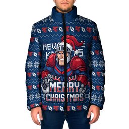 Personalized Newcastle Knights Christmas Padded Jacket Australian Rugby Fans - Pixelated Ugly Xmas Pattern Mascot Santa