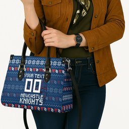 Personalized Newcastle Knights Christmas Leather Bag Australian Rugby Fans - Pixelated Ugly Xmas Pattern Mascot Santa