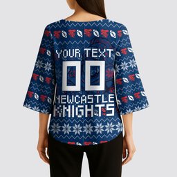 Personalized Newcastle Knights Christmas Kimono Sleeve Blouse Australian Rugby Fans - Pixelated Ugly Xmas Pattern Mascot Santa