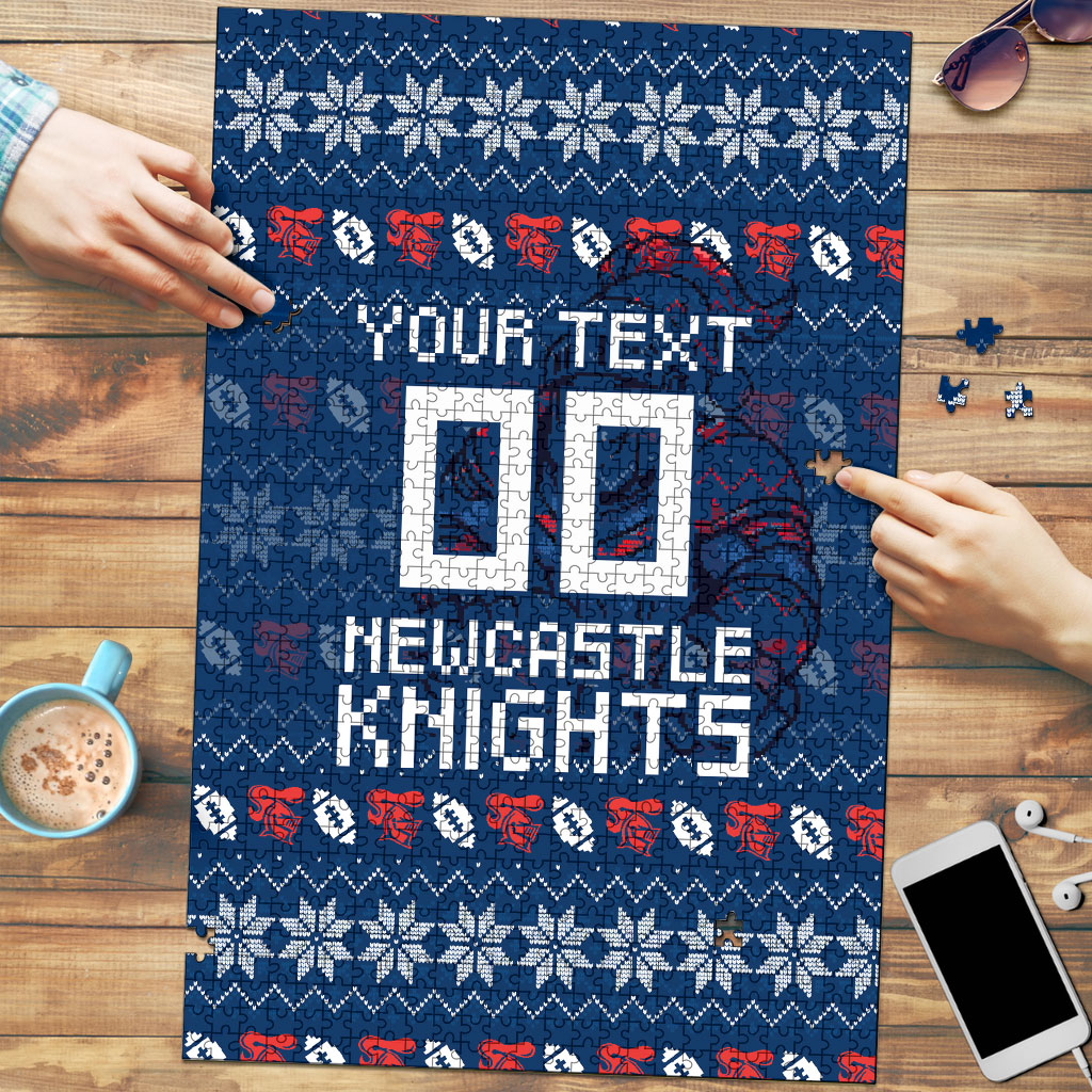 Personalized Newcastle Knights Christmas Puzzle Australian Rugby Fans - Pixelated Ugly Xmas Pattern Mascot Santa