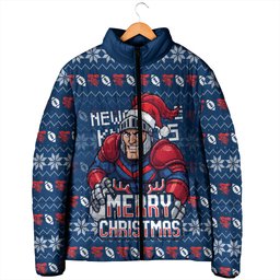 Personalized Newcastle Knights Christmas Padded Jacket Australian Rugby Fans - Pixelated Ugly Xmas Pattern Mascot Santa