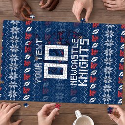 Personalized Newcastle Knights Christmas Puzzle Australian Rugby Fans - Pixelated Ugly Xmas Pattern Mascot Santa