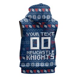Personalized Newcastle Knights Christmas Sleeveless Hoodie Australian Rugby Fans - Pixelated Ugly Xmas Pattern Mascot Santa