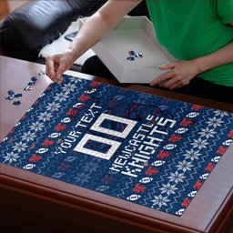 Personalized Newcastle Knights Christmas Puzzle Australian Rugby Fans - Pixelated Ugly Xmas Pattern Mascot Santa