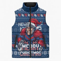 Personalized Newcastle Knights Christmas Sleeveless Puffer Jacket Australian Rugby Fans - Pixelated Ugly Xmas Pattern Mascot Santa
