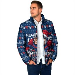 Personalized Newcastle Knights Christmas Padded Jacket Australian Rugby Fans - Pixelated Ugly Xmas Pattern Mascot Santa