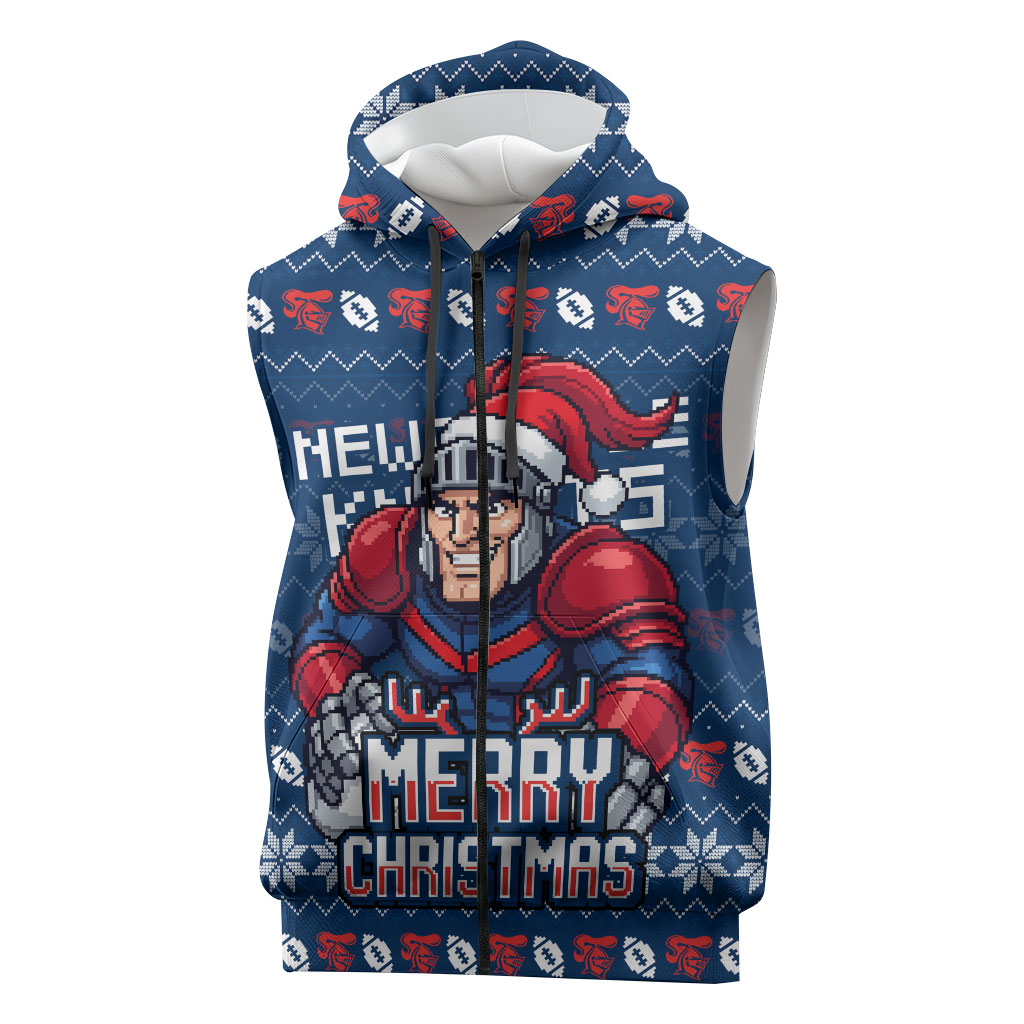Personalized Newcastle Knights Christmas Sleeveless Zip Hoodie Australian Rugby Fans - Pixelated Ugly Xmas Pattern Mascot Santa