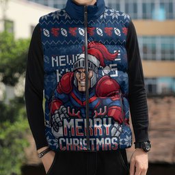 Personalized Newcastle Knights Christmas Sleeveless Puffer Jacket Australian Rugby Fans - Pixelated Ugly Xmas Pattern Mascot Santa