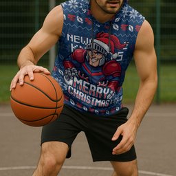 Personalized Newcastle Knights Christmas Sleeveless Hoodie Australian Rugby Fans - Pixelated Ugly Xmas Pattern Mascot Santa