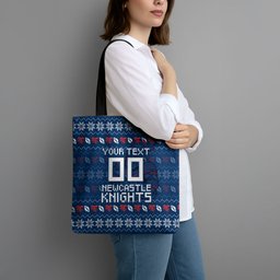 Personalized Newcastle Knights Christmas Tote Bag Australian Rugby Fans - Pixelated Ugly Xmas Pattern Mascot Santa