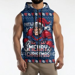 Personalized Newcastle Knights Christmas Sleeveless Zip Hoodie Australian Rugby Fans - Pixelated Ugly Xmas Pattern Mascot Santa