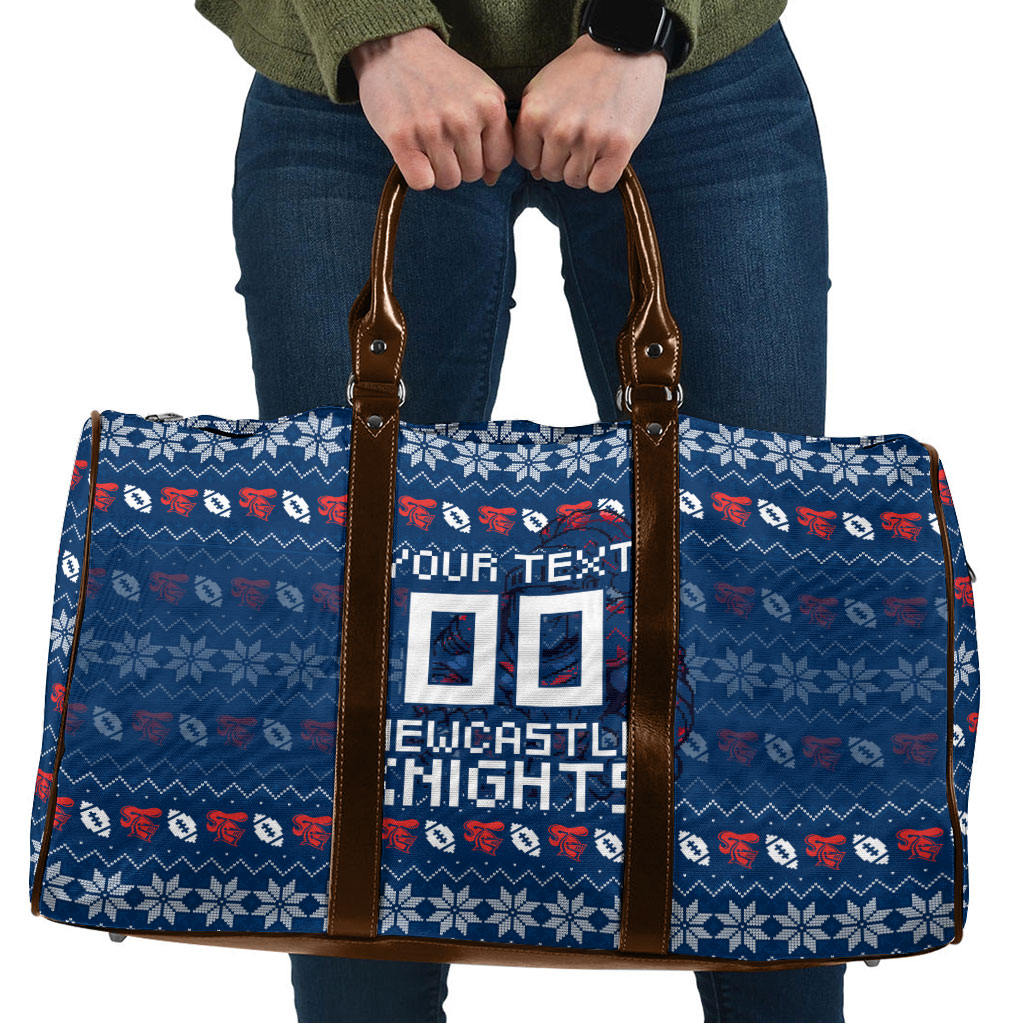 Personalized Newcastle Knights Christmas Travel Bag Australian Rugby Fans - Pixelated Ugly Xmas Pattern Mascot Santa