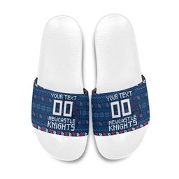 Personalized Newcastle Knights Christmas Slide Sandals Australian Rugby Fans - Pixelated Ugly Xmas Pattern Mascot Santa