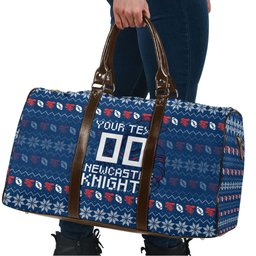 Personalized Newcastle Knights Christmas Travel Bag Australian Rugby Fans - Pixelated Ugly Xmas Pattern Mascot Santa