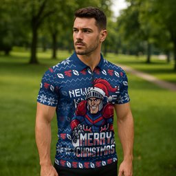 Personalized Newcastle Knights Christmas Zipper Polo Shirt Australian Rugby Fans - Pixelated Ugly Xmas Pattern Mascot Santa