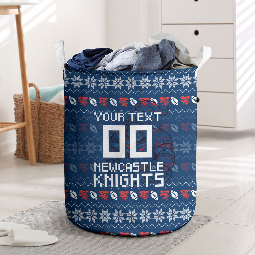 Personalized Newcastle Knights Christmas Laundry Basket Australian Rugby Fans - Pixelated Ugly Xmas Pattern Mascot Santa