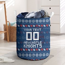 Personalized Newcastle Knights Christmas Laundry Basket Australian Rugby Fans - Pixelated Ugly Xmas Pattern Mascot Santa