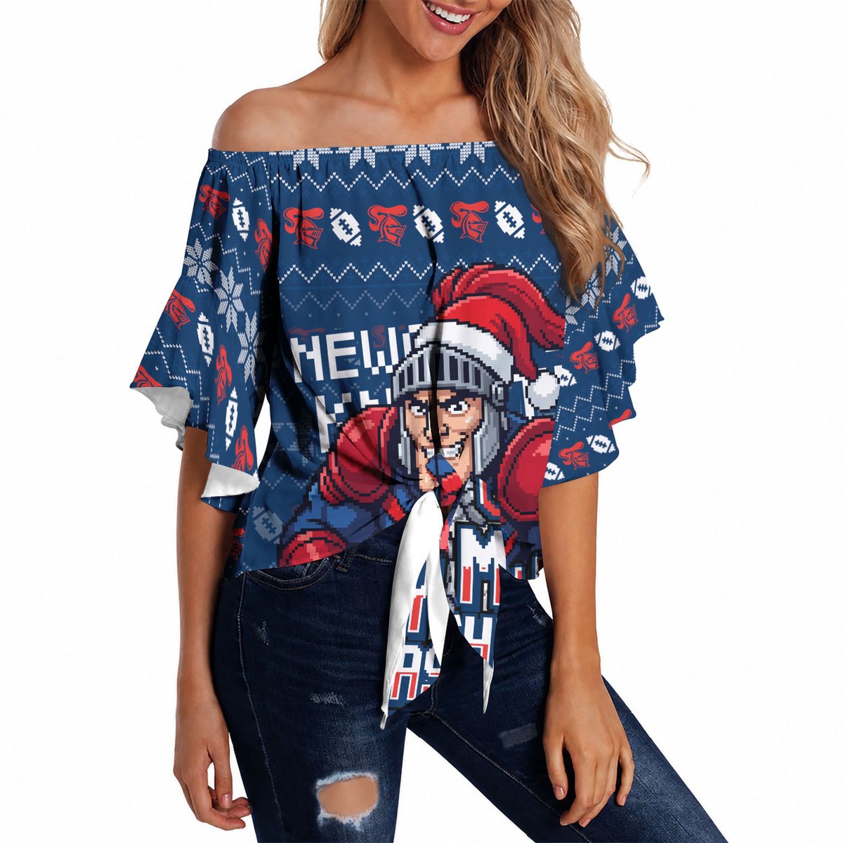 Personalized Newcastle Knights Christmas Off Shoulder Wrap Waist Top Australian Rugby Fans - Pixelated Ugly Xmas Pattern Mascot Santa