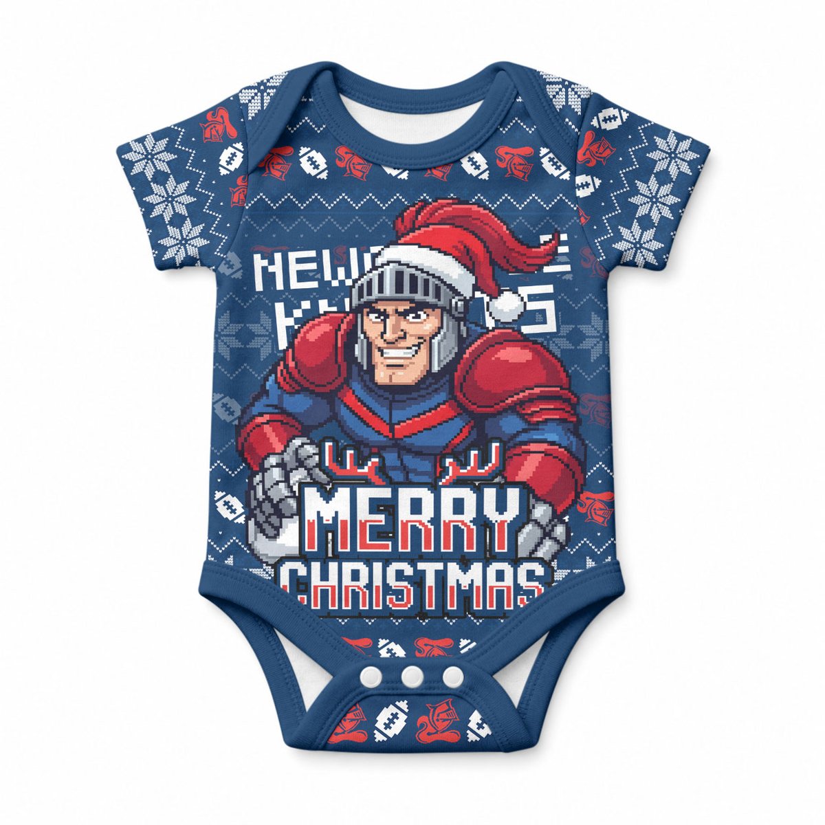 Personalized Newcastle Knights Christmas Baby Onesie Australian Rugby Fans - Pixelated Ugly Xmas Pattern Mascot Santa