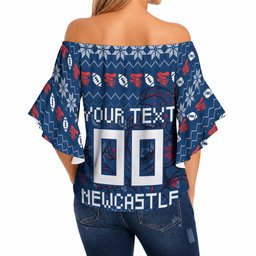 Personalized Newcastle Knights Christmas Off Shoulder Wrap Waist Top Australian Rugby Fans - Pixelated Ugly Xmas Pattern Mascot Santa