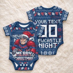 Personalized Newcastle Knights Christmas Baby Onesie Australian Rugby Fans - Pixelated Ugly Xmas Pattern Mascot Santa