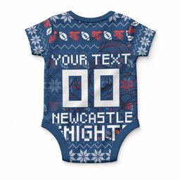Personalized Newcastle Knights Christmas Baby Onesie Australian Rugby Fans - Pixelated Ugly Xmas Pattern Mascot Santa