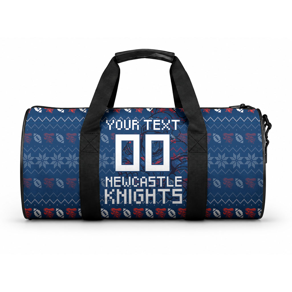 Personalized Newcastle Knights Christmas Duffle Bag Australian Rugby Fans - Pixelated Ugly Xmas Pattern Mascot Santa