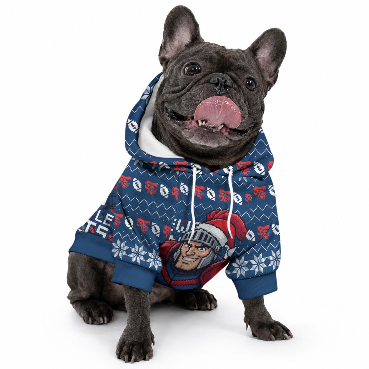 Personalized Newcastle Knights Christmas Pet Hoodie Australian Rugby Fans - Pixelated Ugly Xmas Pattern Mascot Santa